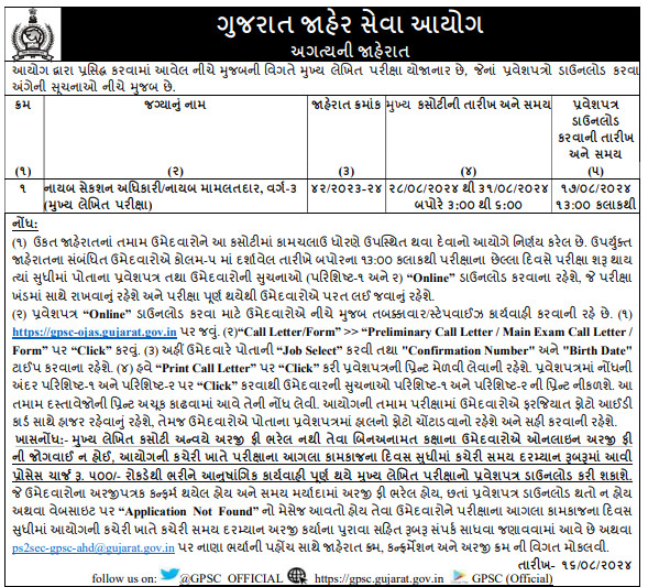 GPSC DySO/ Deputy Mamlatdar Mains Call Letter 2024